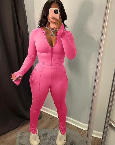 Women Long Sleeves Zipper Solid Color Long Pants 2 Pieces Sets RS-5033