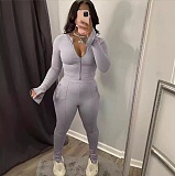 Women Long Sleeves Zipper Solid Color Long Pants 2 Pieces Sets RS-5033