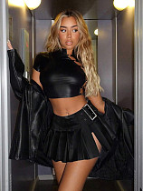 Solid Color A Pleated Skirt PU Leather Skirt Sexy Fashion Skirts ANDI-2434