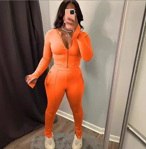 Women Long Sleeves Zipper Solid Color Long Pants 2 Pieces Sets RS-5033