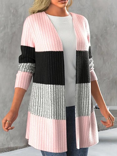 Autumn Winter Women's Color Pit Strip Cardigan Casual Long Coat HX-2432