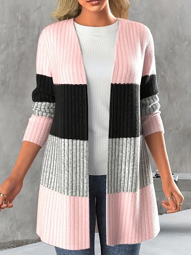 Autumn Winter Women's Color Pit Strip Cardigan Casual Long Coat HX-2432