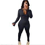Women Long Sleeves Zipper Solid Color Long Pants 2 Pieces Sets RS-5033