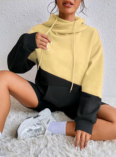 Casual Color Block Patchwork Pocket Loose Women's Hoodie Top HX-4711