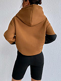 Casual Color Block Patchwork Pocket Loose Women's Hoodie Top HX-4711