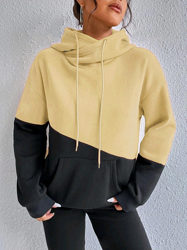 Casual Color Block Patchwork Pocket Loose Women's Hoodie Top HX-4711