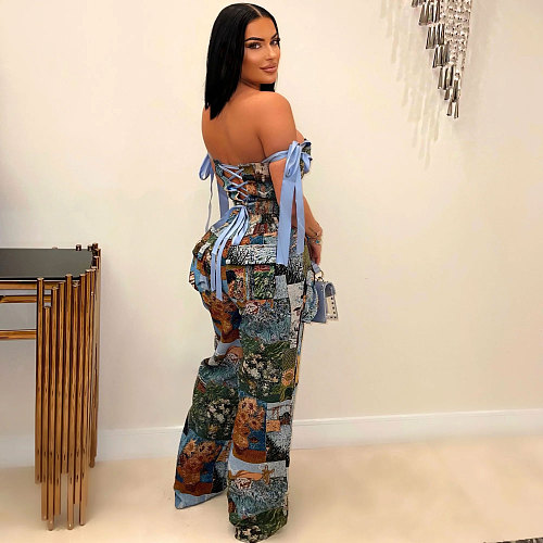 Sexy Printed Painting Pattern Lace-up Drawstring Multi-pocket Pants Set NY-3296