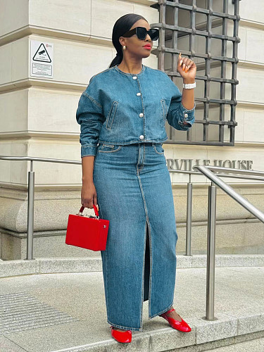 New Women's Denim Suit Jacket Skirt Two-piece Set SH-391294