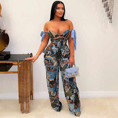 Sexy Printed Painting Pattern Lace-up Drawstring Multi-pocket Pants Set NY-3296