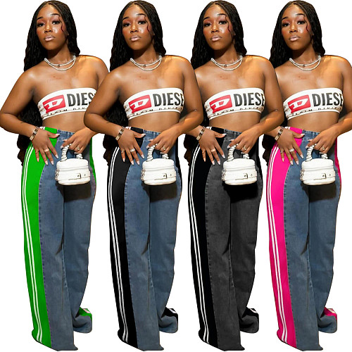 Stylish Women High-waist Patchwork Striped Wide-leg Denim Pants SH-391244