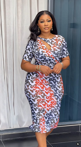 Fashion Color Contrast Print Hollowed-out Stretch Split Maxi Dress NY-10911