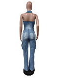 Women Stretchable Backless Denim Overalls Long Straight Jumpsuit MEM-88593