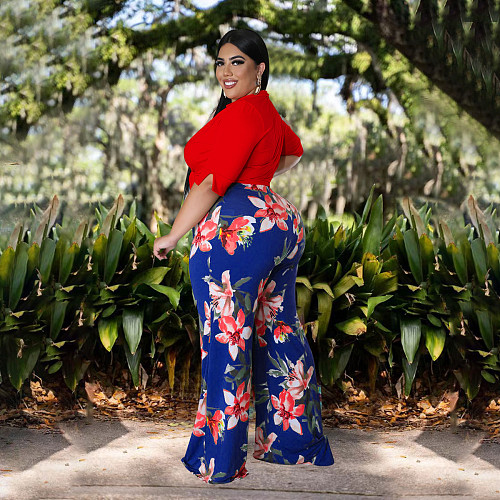 Plus-size Solid Color Lace-up Top With Printed Pants Two-piece Set NNWY-7579