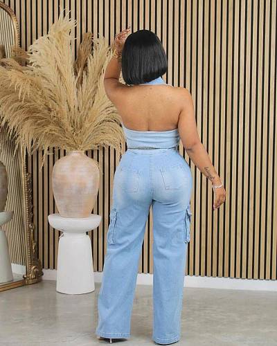 Women Stretchable Backless Denim Overalls Long Straight Jumpsuit MEM-88593