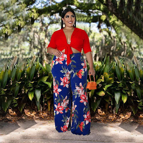 Plus-size Solid Color Lace-up Top With Printed Pants Two-piece Set NNWY-7579