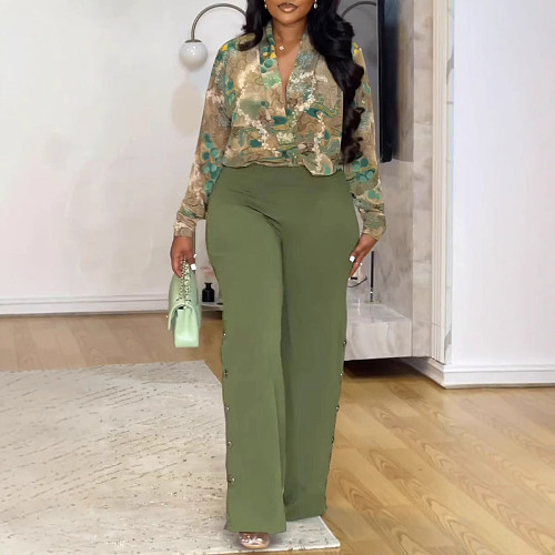 Fashion Printed Women V-neck Blouse And Wide-leg Pants 2 Pieces Sets NY-10903