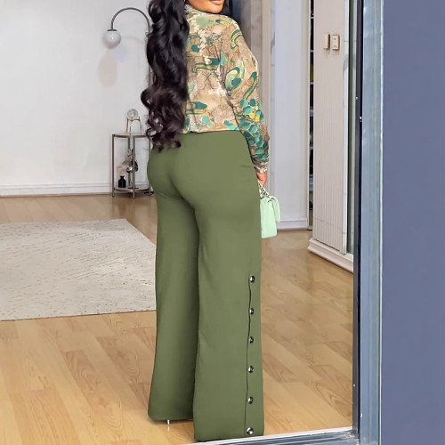 Fashion Printed Women V-neck Blouse And Wide-leg Pants 2 Pieces Sets NY-10903