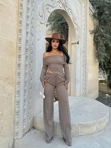 Women Sexy Strapless Irregular Tops And Long Pants Casual Sweater Sets MOF-650