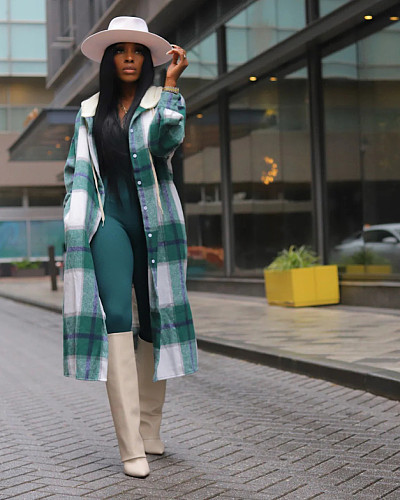 Casual Women Plaid Prints Long Sleeves Hoodies Long Coat QY-55999