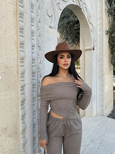 Women Sexy Strapless Irregular Tops And Long Pants Casual Sweater Sets MOF-650