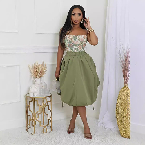 Casual Women Irregular Drawstring Skirt Army Green YS-2412