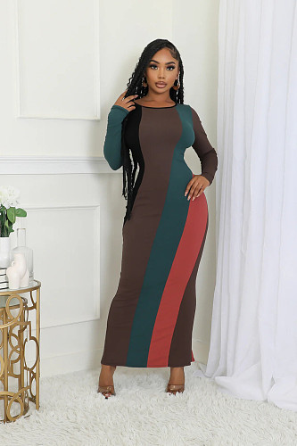 Women's Fashion Multi-color Splicing Long Sleeve Pit Strip Casual Dress ORY-5263