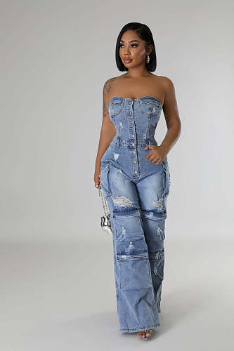 Sexy Strapless Slim-fit Denim Women Pockets Jumpsuit LX-6028