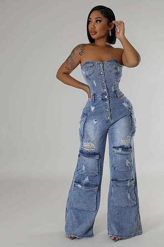Sexy Strapless Slim-fit Denim Women Pockets Jumpsuit LX-6028