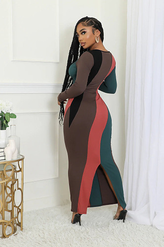 Women's Fashion Multi-color Splicing Long Sleeve Pit Strip Casual Dress ORY-5263