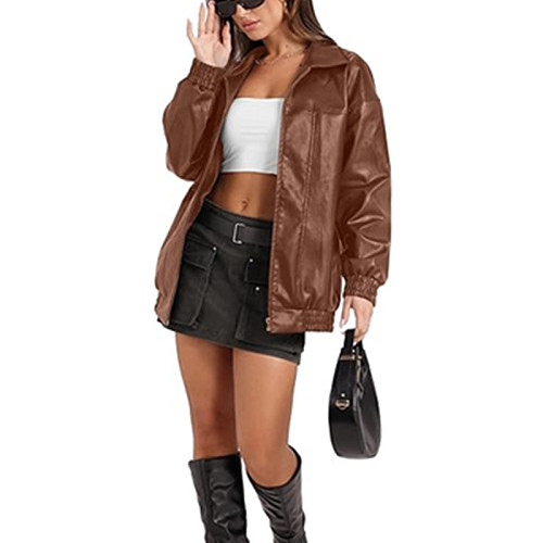 Solid Leather Jackets Long Sleeve Lapel Zipper Casual Trench Coat HX-830