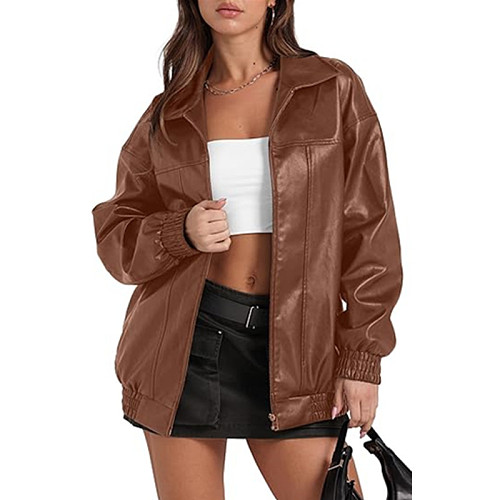 Solid Leather Jackets Long Sleeve Lapel Zipper Casual Trench Coat HX-830