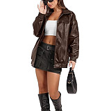 Solid Leather Jackets Long Sleeve Lapel Zipper Casual Trench Coat HX-830