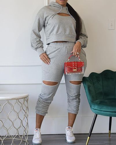 Women Long Sleeves Hoodie And Sporty Pants Hollow-out 2 Pieces Sets Gray HMS-6509
