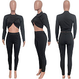Women Folds Crop Top And Bodycon Pencil Pants Sexy 2 Pieces Sets HMS-6519