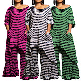 Plus Size Sets Women Stripes Irregular Long Tops And Wide-leg Pants NNWY-8046