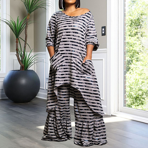Plus Size Sets Women Stripes Irregular Long Tops And Wide-leg Pants NNWY-8046