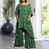 Plus Size Sets Women Stripes Irregular Long Tops And Wide-leg Pants NNWY-8046