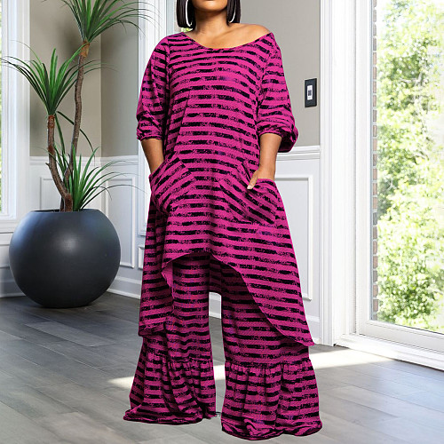 Plus Size Sets Women Stripes Irregular Long Tops And Wide-leg Pants NNWY-8046