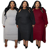 Women Solid Color Long Coat And Bodycon Dress Large Size Sets NNWY-8057