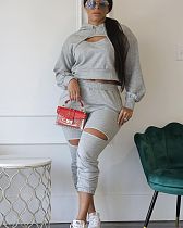 Women Long Sleeves Hoodie And Sporty Pants Hollow-out 2 Pieces Sets Gray HMS-6509