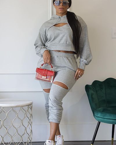 Women Long Sleeves Hoodie And Sporty Pants Hollow-out 2 Pieces Sets Gray HMS-6509