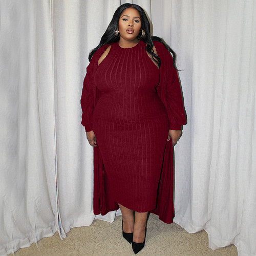 Women Solid Color Long Coat And Bodycon Dress Large Size Sets NNWY-8057