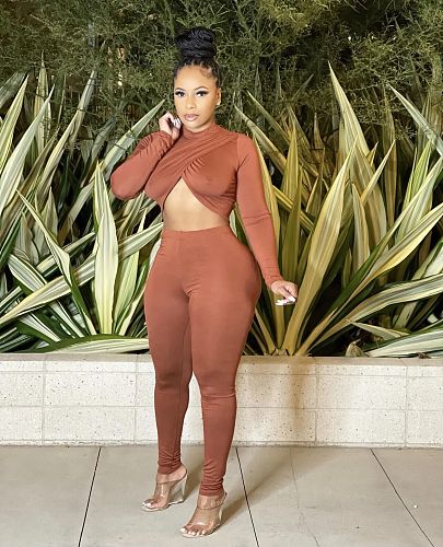 Women Folds Crop Top And Bodycon Pencil Pants Sexy 2 Pieces Sets HMS-6519