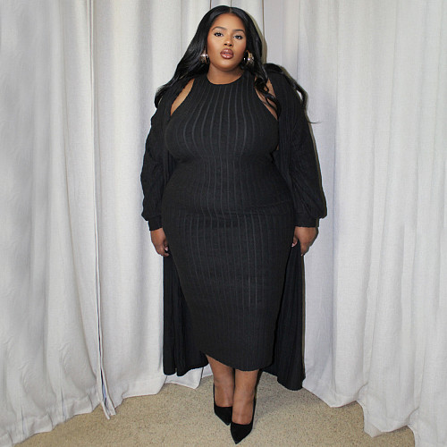 Women Solid Color Long Coat And Bodycon Dress Large Size Sets NNWY-8057