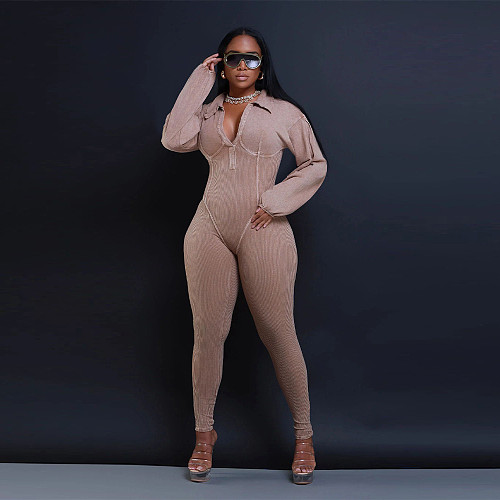 Women V-neck Stand Collar Patchwrok Bodycon Jumpsuit YF-10660