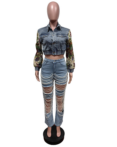 Women Printed Lapel Collar Long Sleeves Slim Denim Coat Top MEM-88603