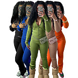 Women Zipper Low-waist Fleece Sporty Two-pieces Suit CH-24066