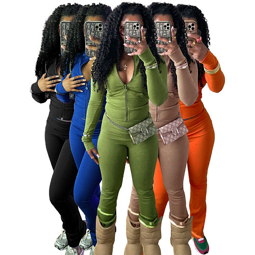 Women Zipper Low-waist Fleece Sporty Two-pieces Suit CH-24066