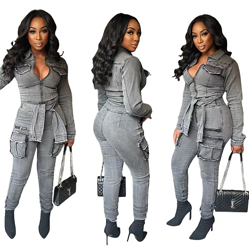 Leisure Women Lace-up Pockets Slim Zipper Denim Jumpsuit MEM-88601