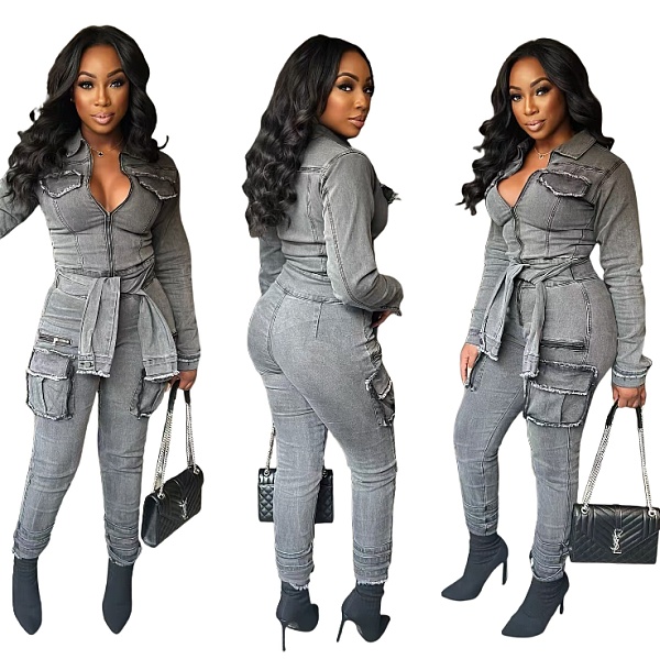 Leisure Women Lace-up Pockets Slim Zipper Denim Jumpsuit MEM-88601